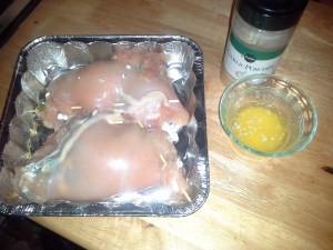 I didn't have toothpicks, so I used skewers, cut into a few pieces, to secure the edges of the chicken.  "Stitch" them through the top and bottom edges of the meat to secure.