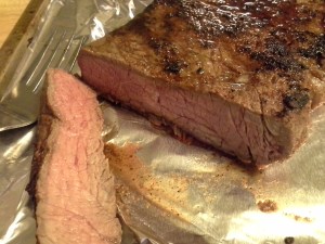 Fifteen minutes in the toaster oven gave me this perfect medium-rare all the way through.